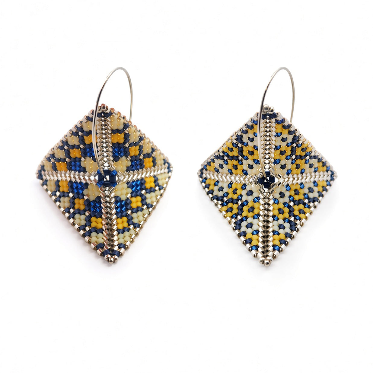 Yellow, White & Blue Asymmetric Beaded Earrings