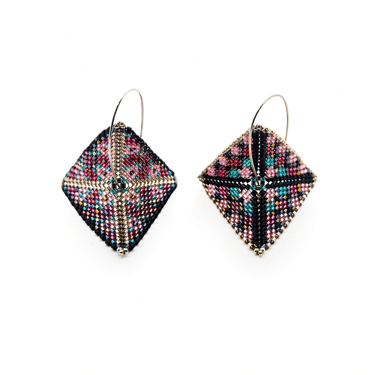 Pink, Blue & Silver Asymmetric Beaded Earrings