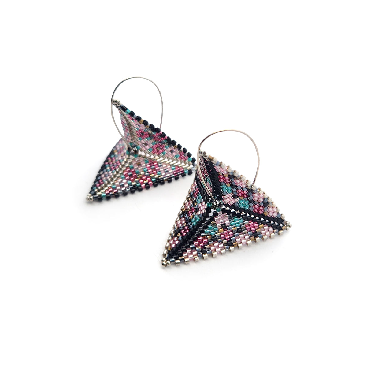 Pink, Blue & Silver Asymmetric Beaded Earrings