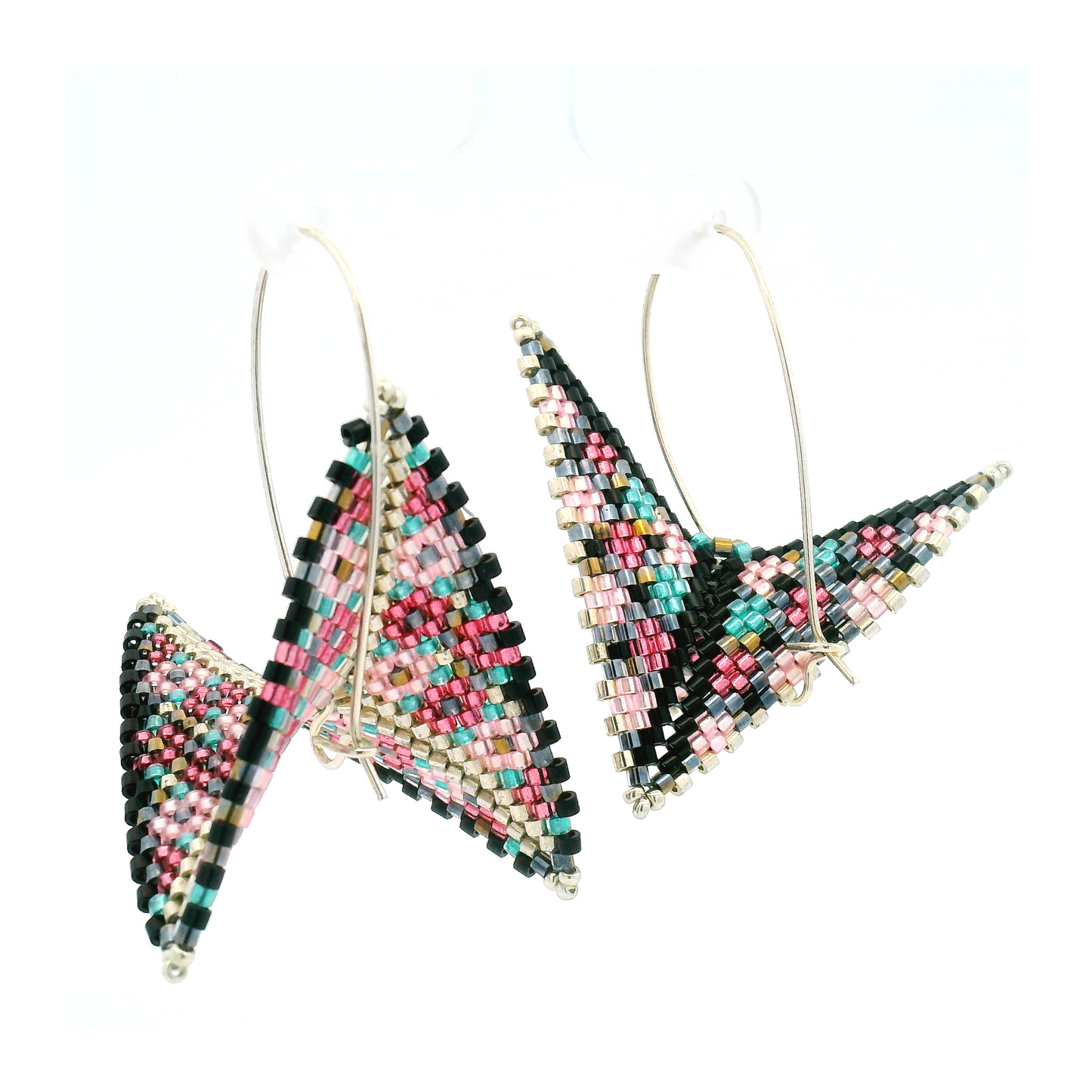 Black, Pink, Blue & Silver Hand Beaded Asymmetrical Warped Earrings