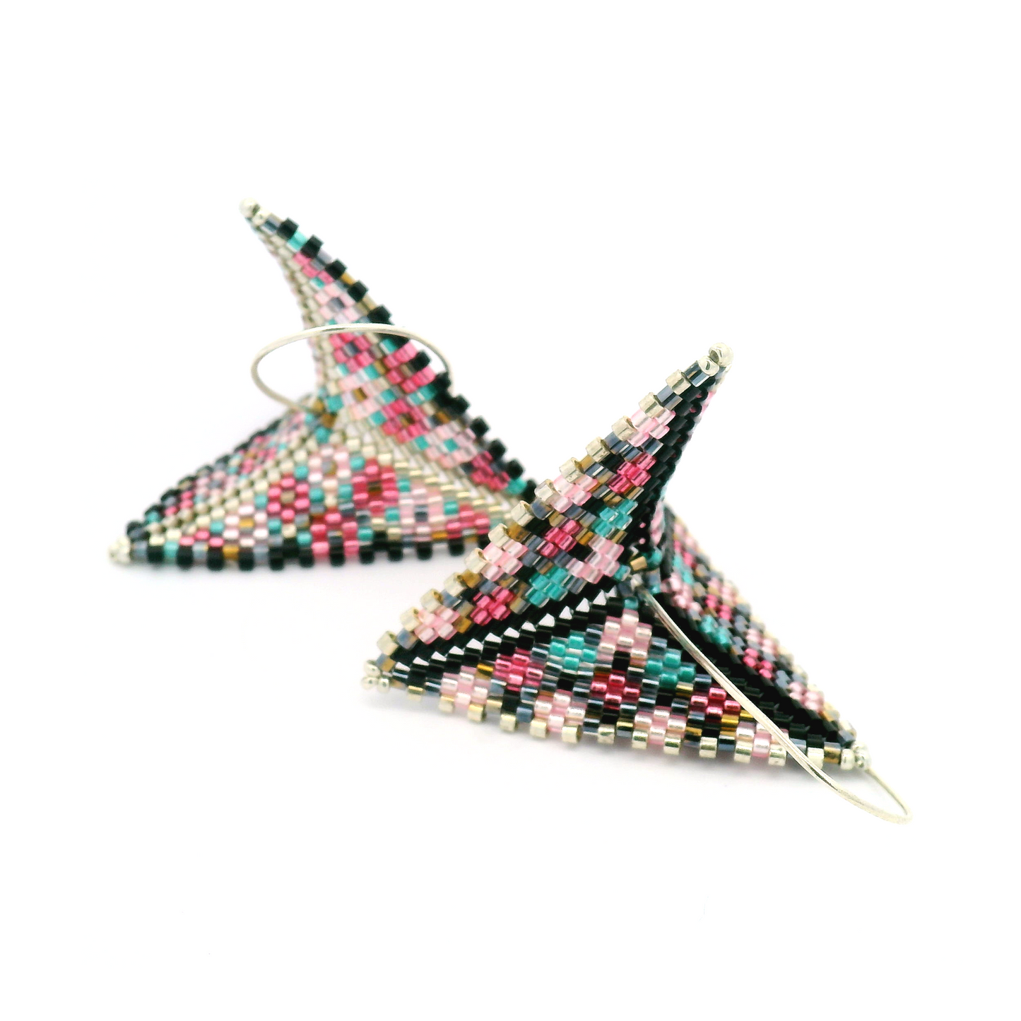 Black, Pink, Blue & Silver Hand Beaded Asymmetrical Warped Earrings