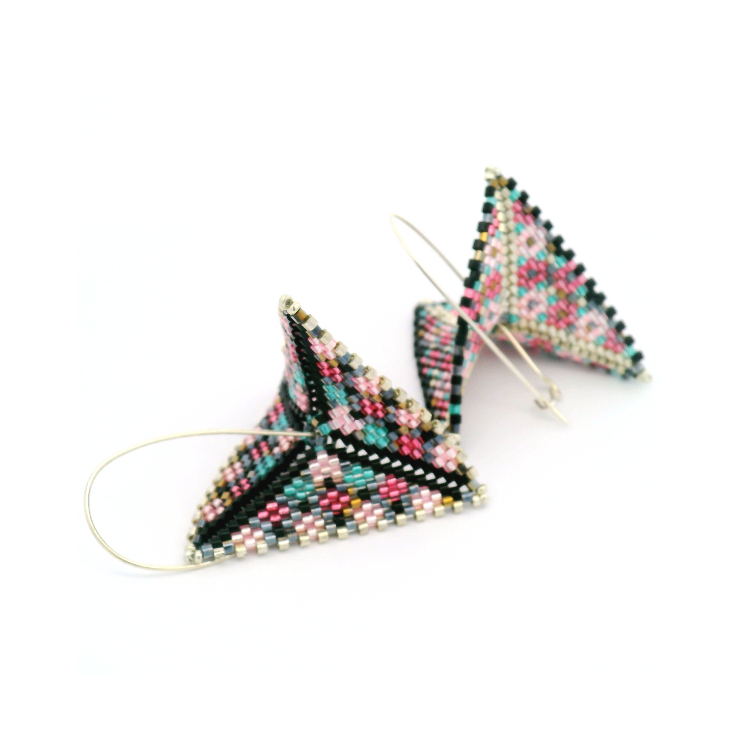 Black, Pink, Blue & Silver Hand Beaded Asymmetrical Warped Earrings