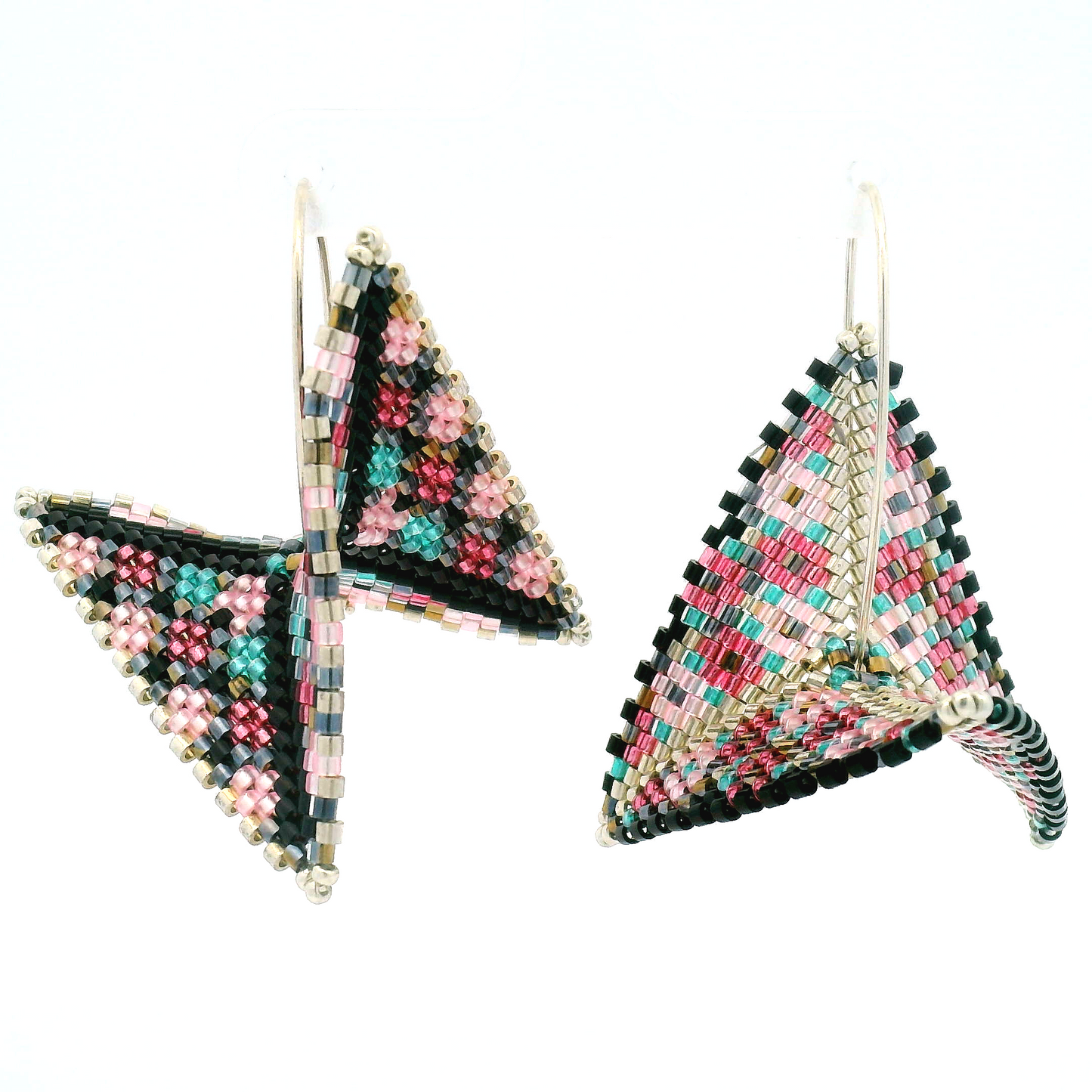 Black, Pink, Blue & Silver Hand Beaded Asymmetrical Warped Earrings