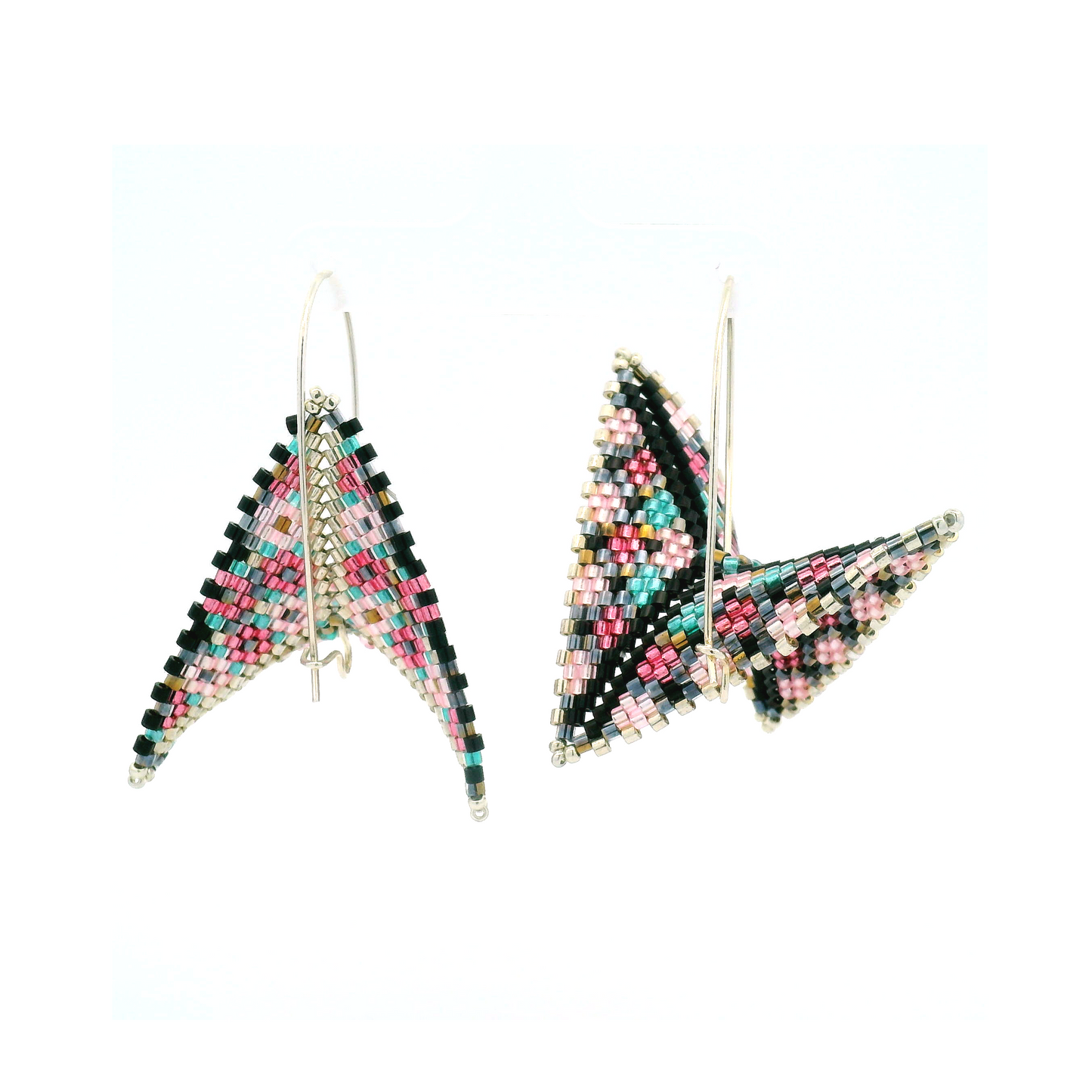 Black, Pink, Blue & Silver Hand Beaded Asymmetrical Warped Earrings