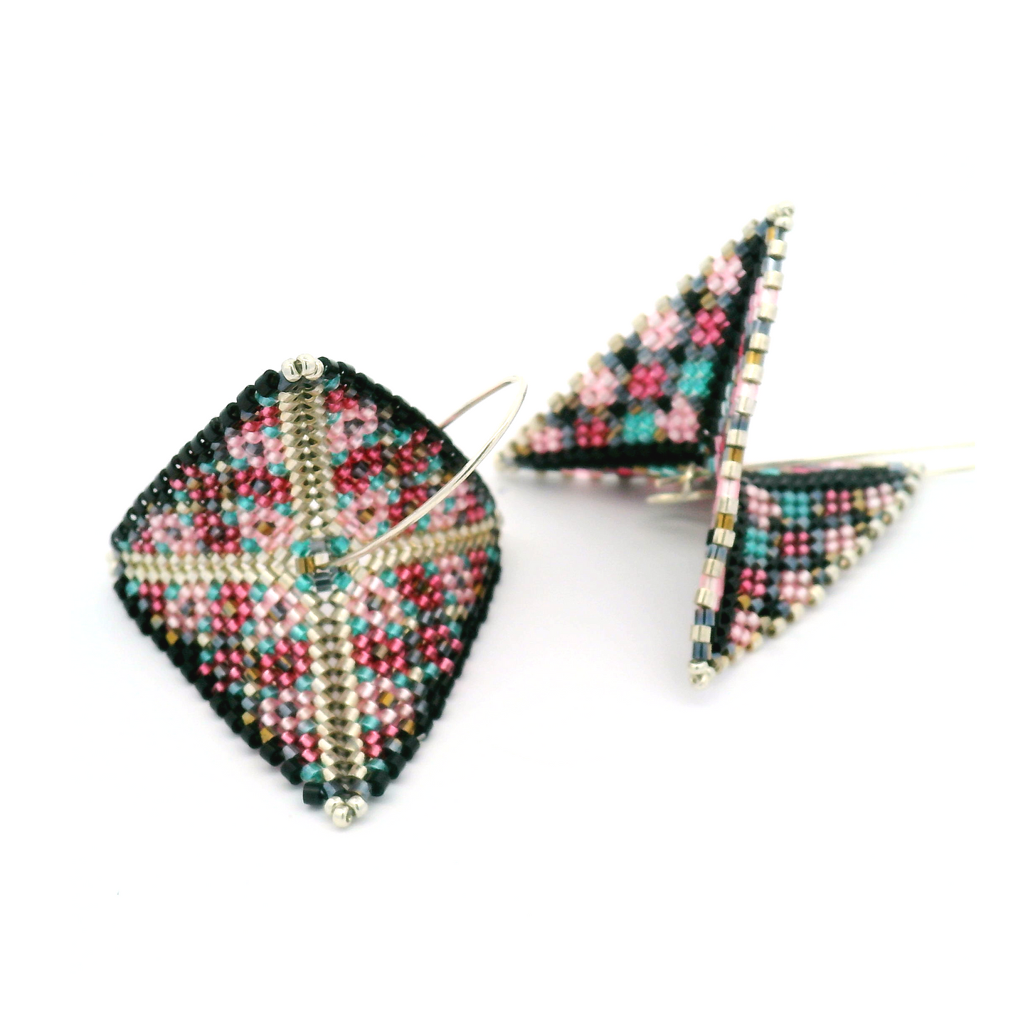 Black, Pink, Blue & Silver Hand Beaded Asymmetrical Warped Earrings