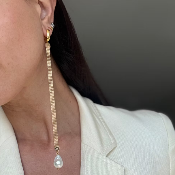 Asymmetric Baroque Pearl & Chain Earrings