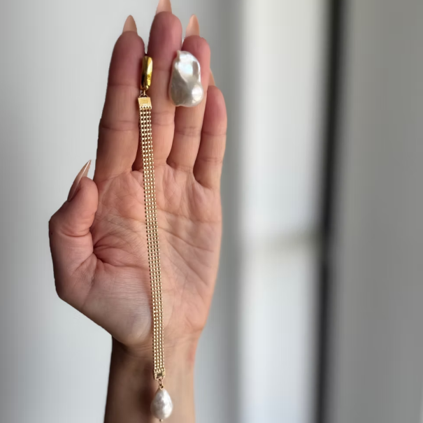 Asymmetric Baroque Pearl & Chain Earrings
