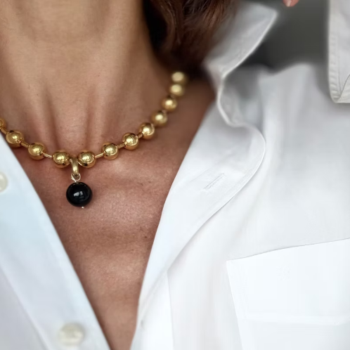 Black Tourmaline & Gold Sphere Sculptural Necklace
