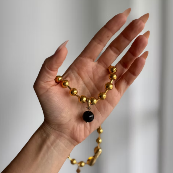 Black Tourmaline & Gold Sphere Sculptural Necklace