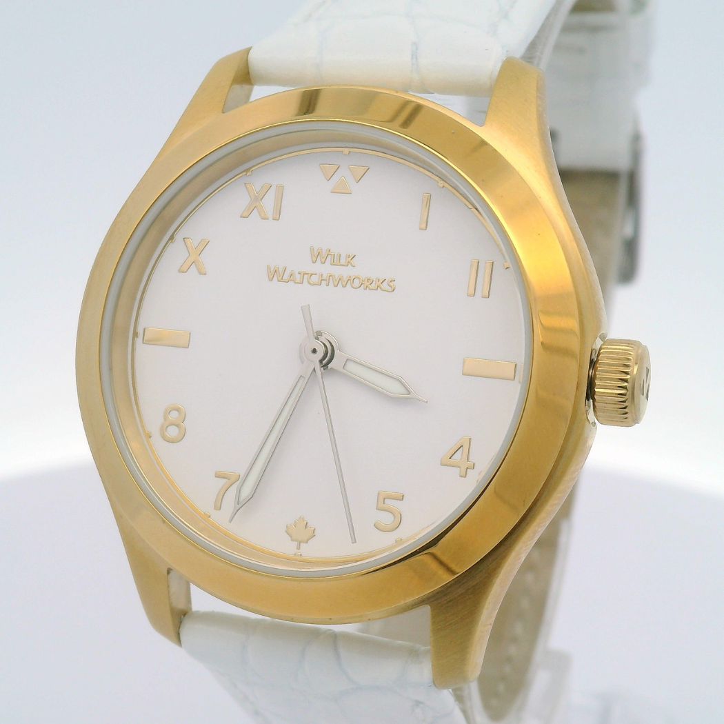 Gold Plated White Croco Grain Leather Mechanical Watch