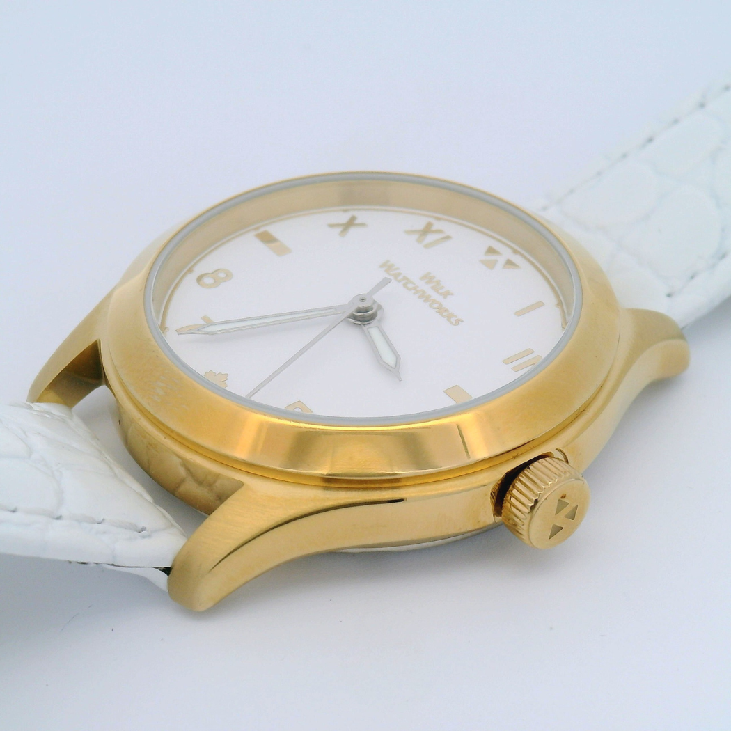 Gold Plated White Croco Grain Leather Mechanical Watch