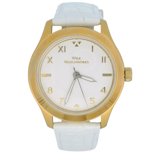 Gold Plated White Croco Grain Leather Mechanical Watch