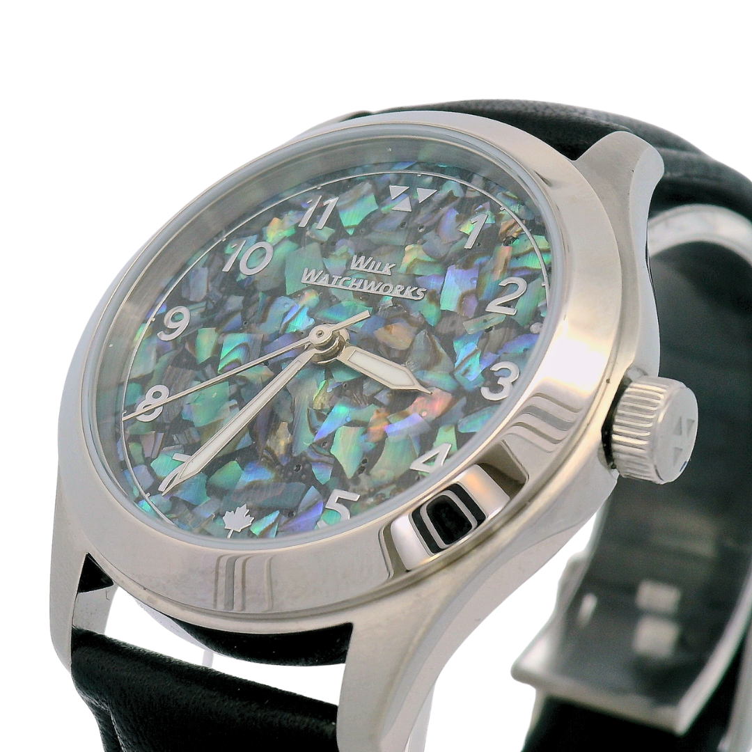 Paua Flakes Black Leather Mechanical Watch