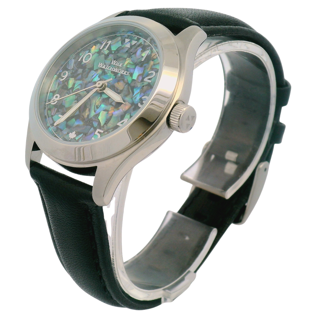 Paua Flakes Black Leather Mechanical Watch