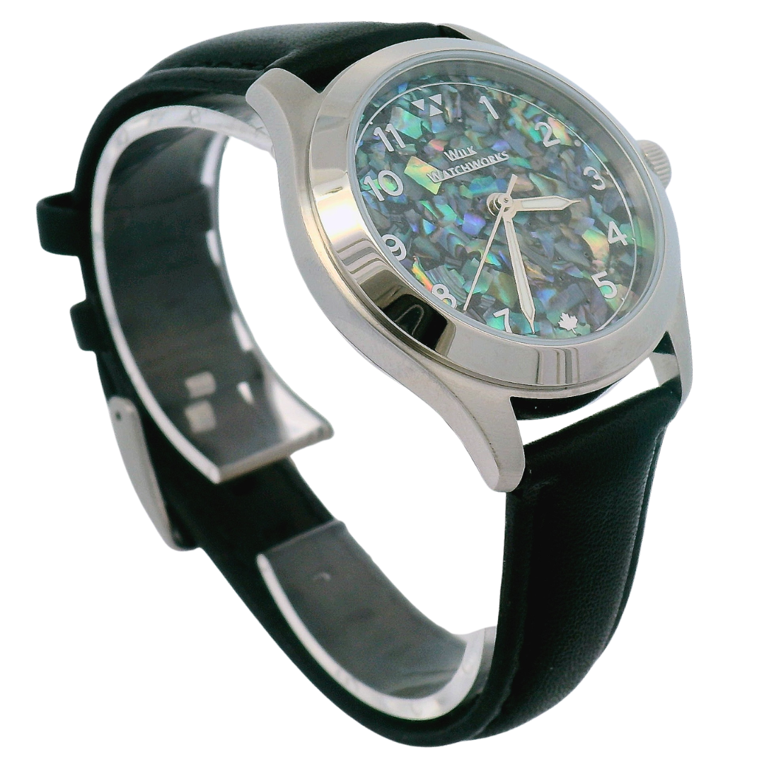 Paua Flakes Black Leather Mechanical Watch
