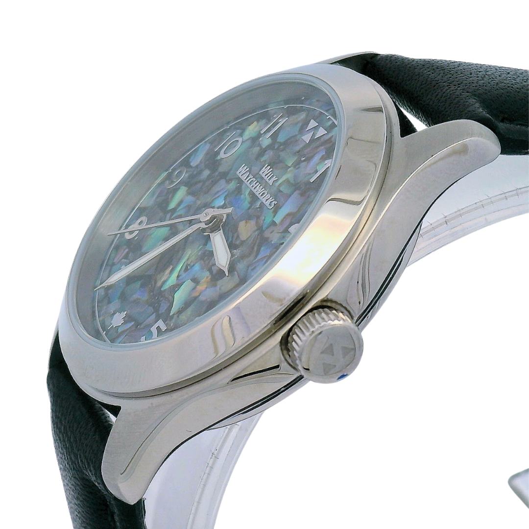 Paua Flakes Black Leather Mechanical Watch