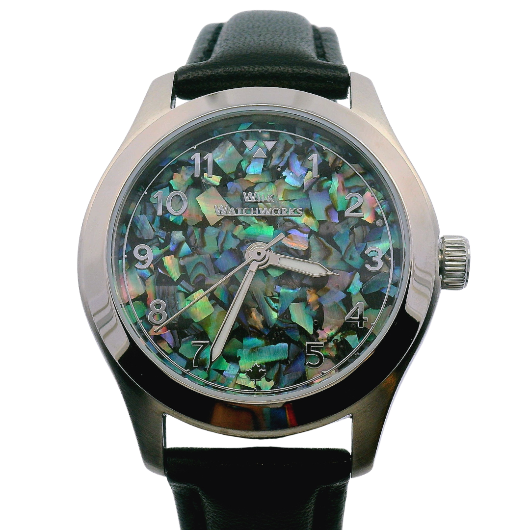 Paua Flakes Black Leather Mechanical Watch