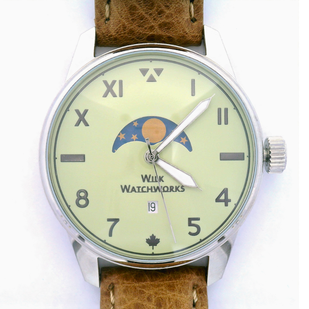 Moonphase Yellow Green Brown Leather Mechanical Watch