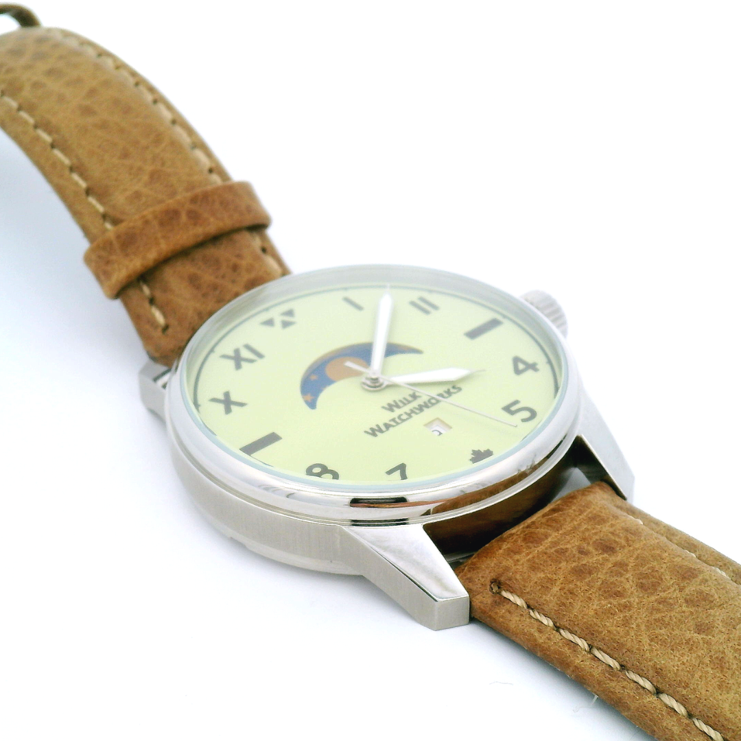 Moonphase Yellow Green Brown Leather Mechanical Watch