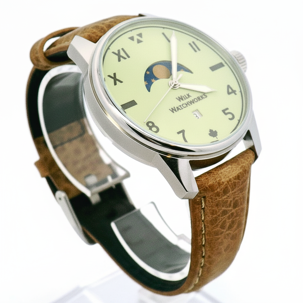 Moonphase Yellow Green Brown Leather Mechanical Watch