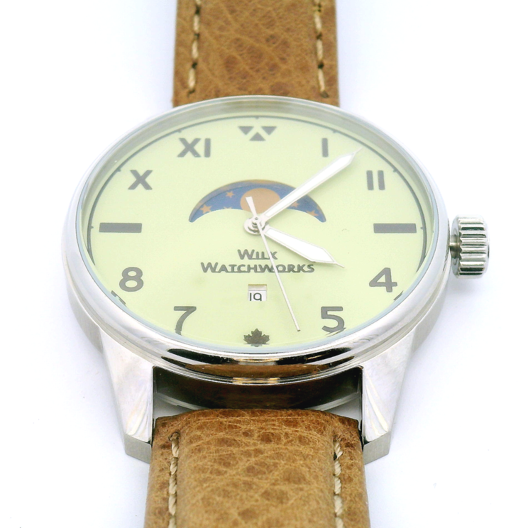 Moonphase Yellow Green Brown Leather Mechanical Watch