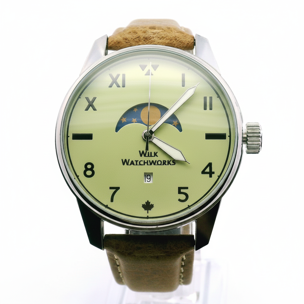 Moonphase Yellow Green Brown Leather Mechanical Watch