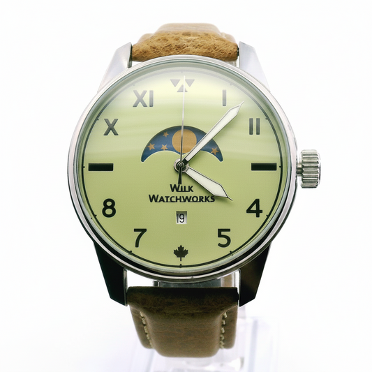 Moonphase Yellow Green Brown Leather Mechanical Watch