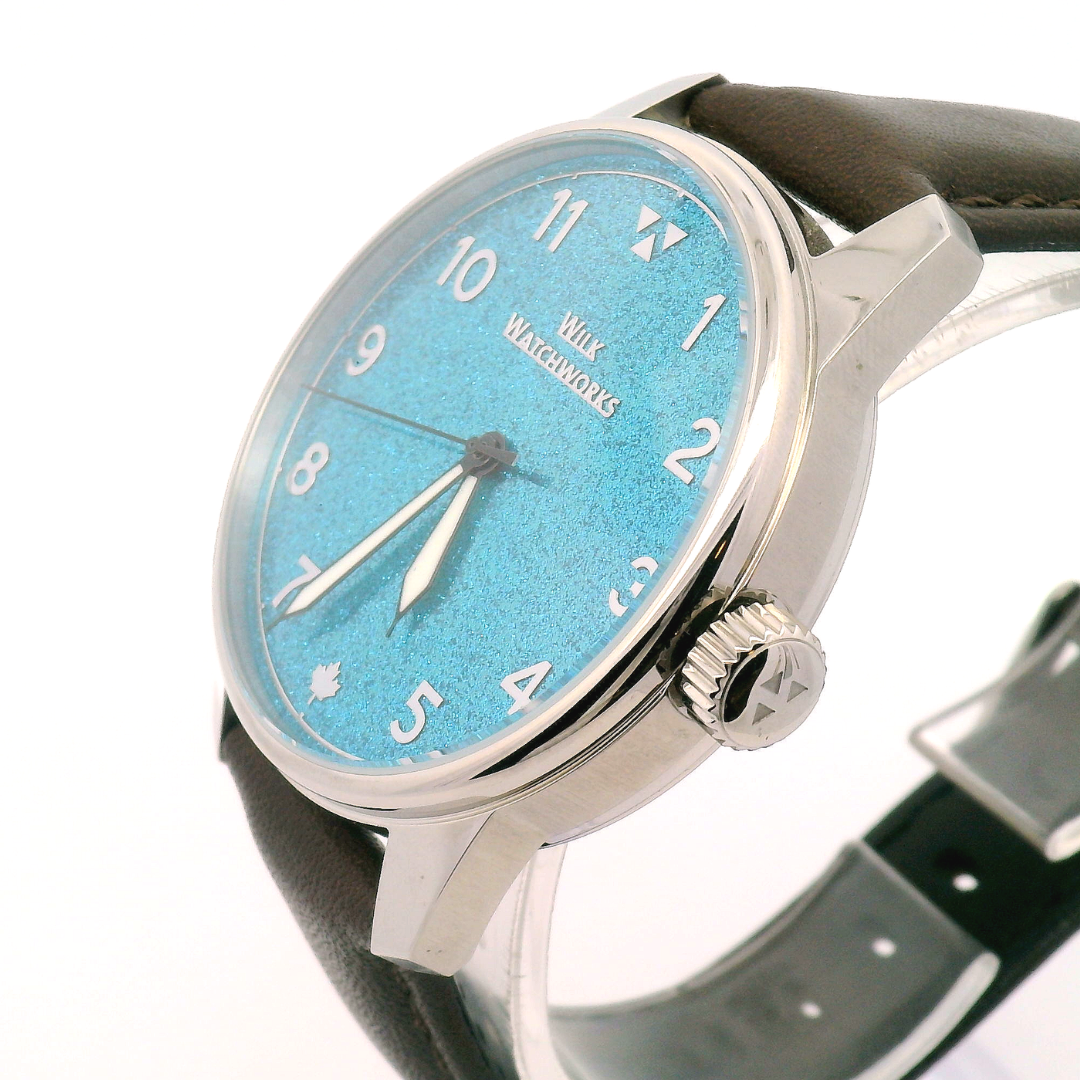 Sky Blue Sparkle Cipher Brown Leather Mechanical Watch