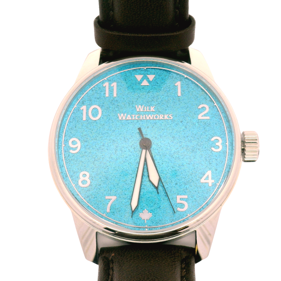 Sky Blue Sparkle Cipher Brown Leather Mechanical Watch