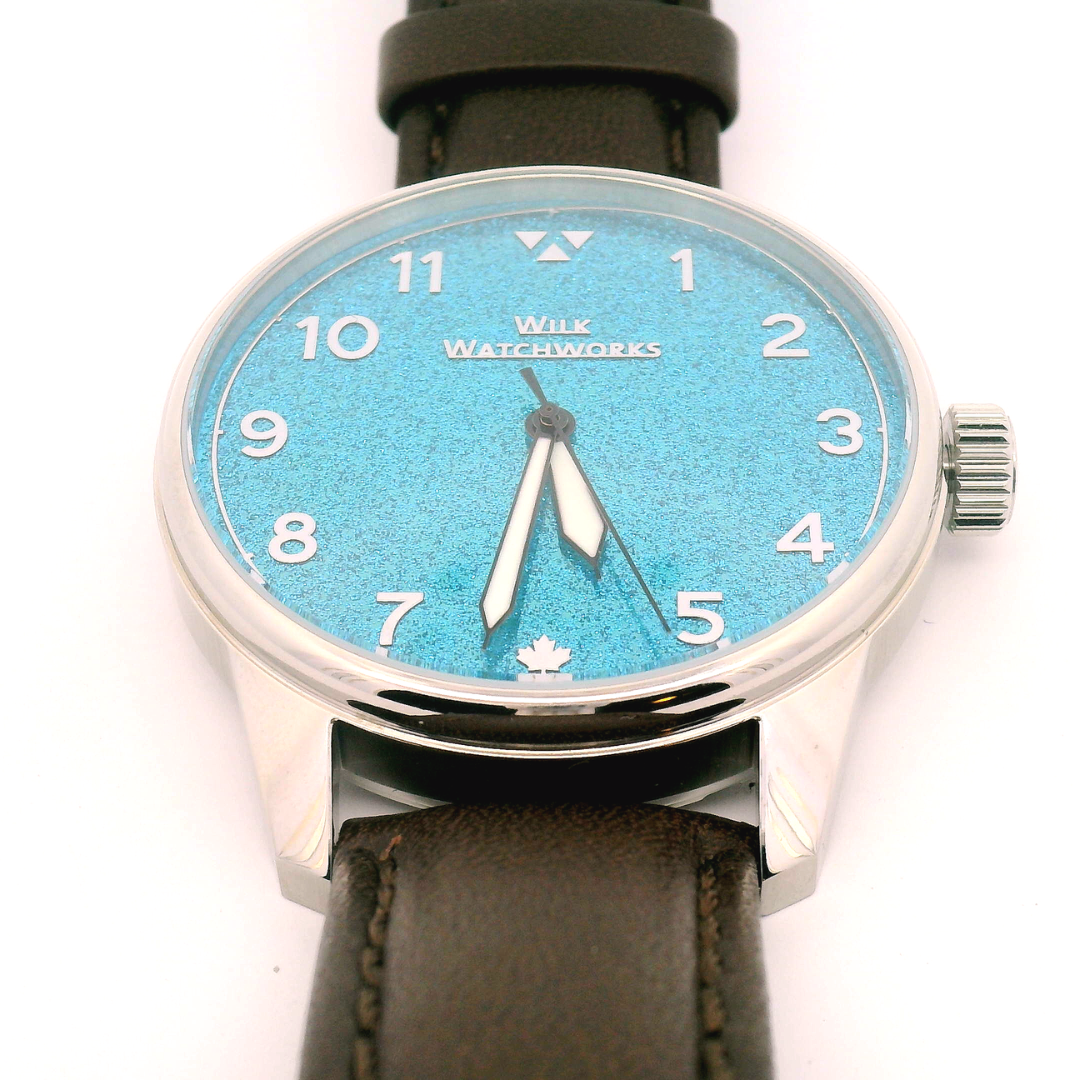 Sky Blue Sparkle Cipher Brown Leather Mechanical Watch