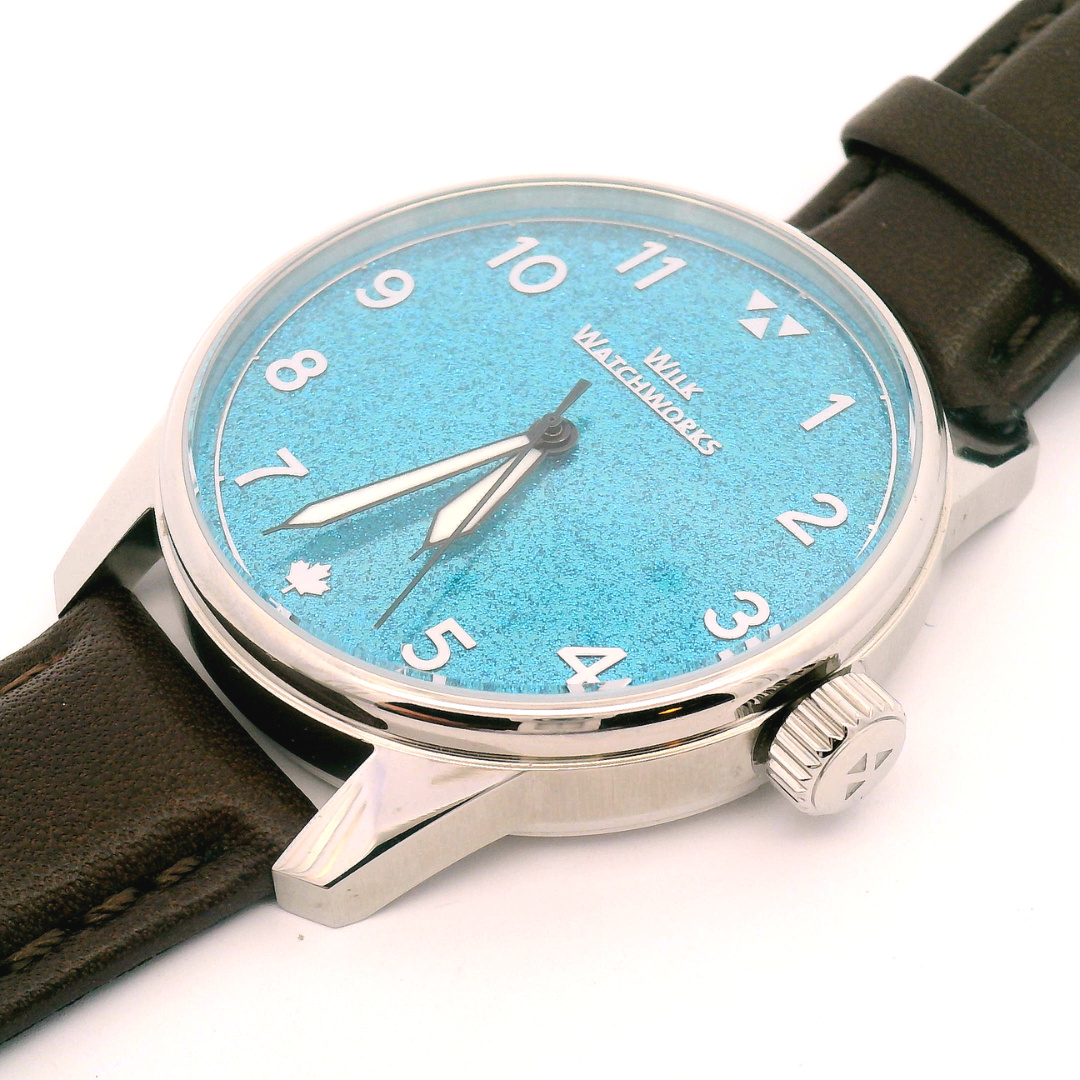 Sky Blue Sparkle Cipher Brown Leather Mechanical Watch