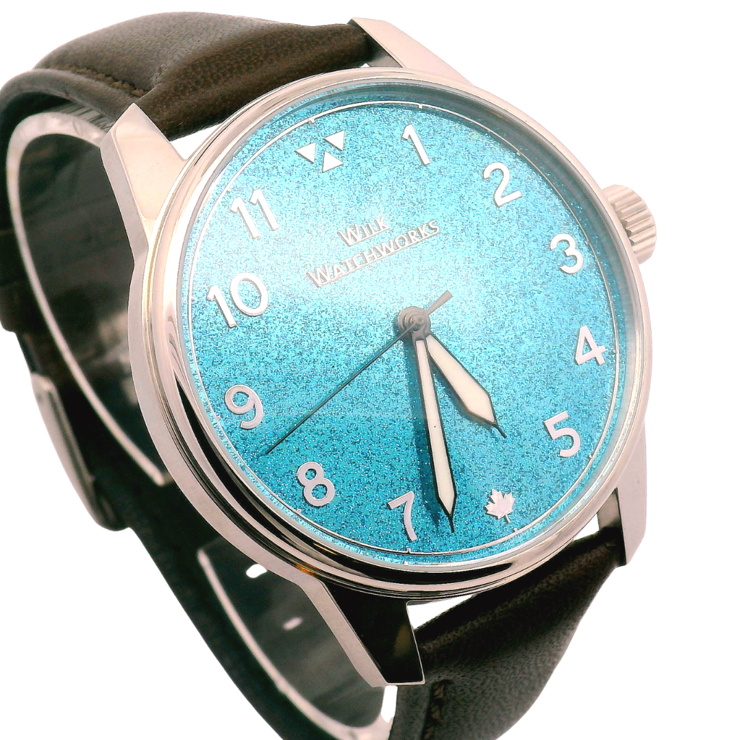 Sky Blue Sparkle Cipher Brown Leather Mechanical Watch