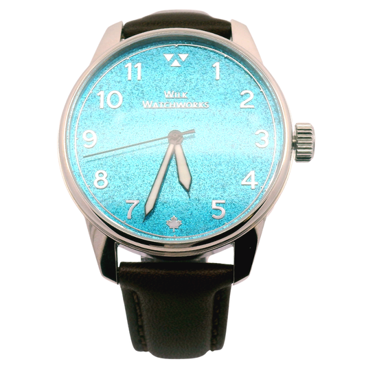 Sky Blue Sparkle Cipher Brown Leather Mechanical Watch