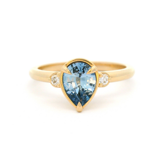 14k Yellow Three Stone Engagement Ring with 0.92ct Blue Sapphire and Accent Diamonds