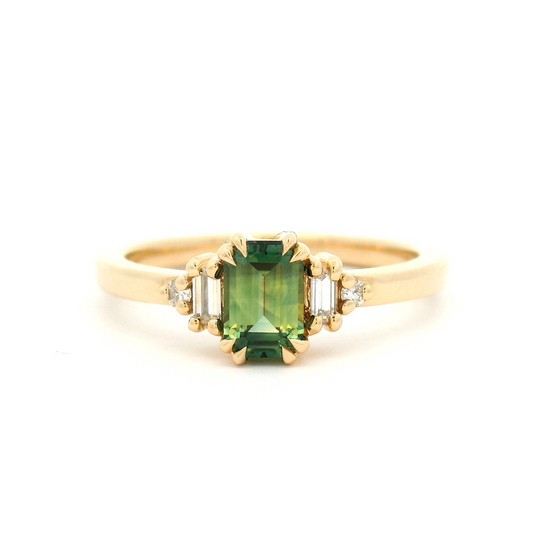 14k Yellow Engagement Ring with 0.75ct Green Emerald-Cut Sapphire and Accent Lab-Grown Diamonds