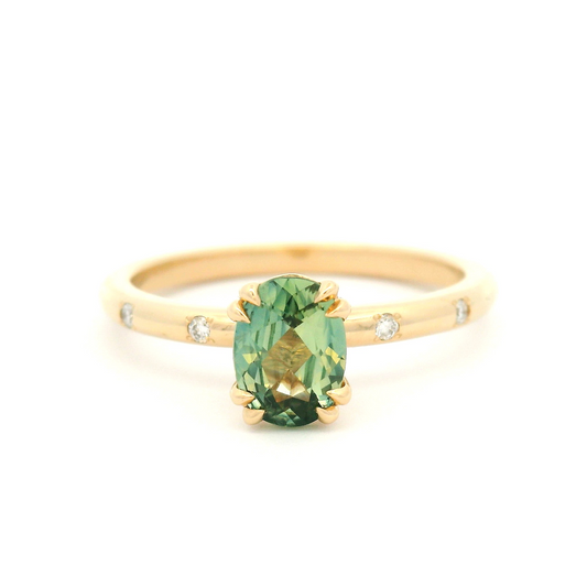 14k Yellow Engagement Ring with 0.79ct Oval Green Sapphire and Accent Diamonds
