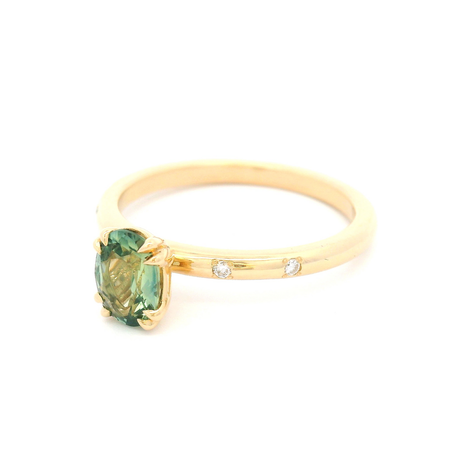 14k Yellow Engagement Ring with 0.79ct Oval Green Sapphire and Accent Diamonds