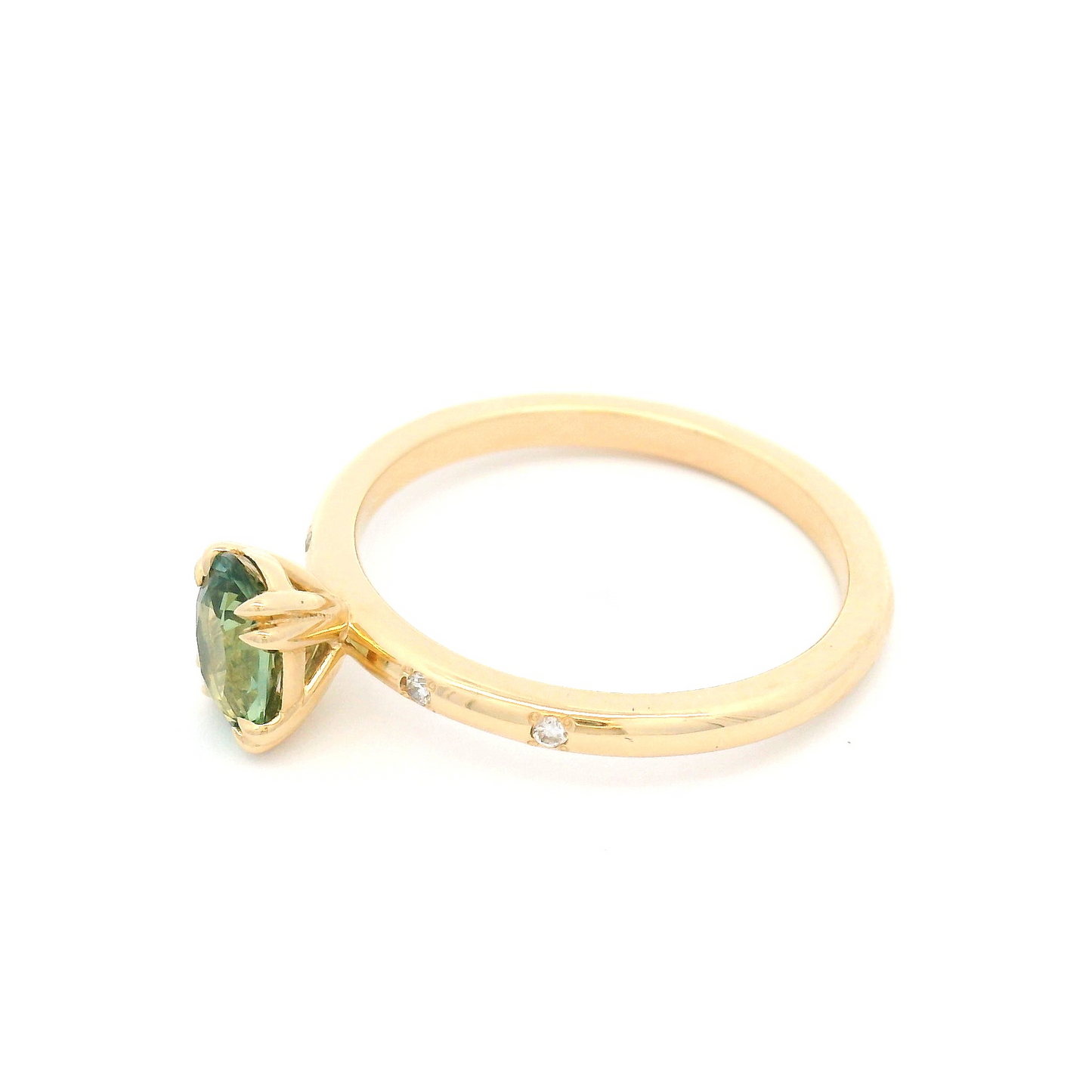 14k Yellow Engagement Ring with 0.79ct Oval Green Sapphire and Accent Diamonds