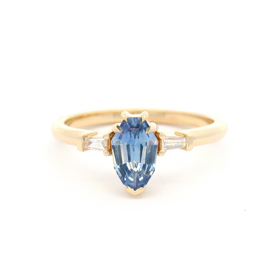 14k Yellow Three Stone Ring with 1.04ct Blue Sapphire and Accent Diamonds
