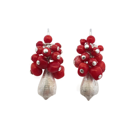 Silver Conical Earrings with Coral