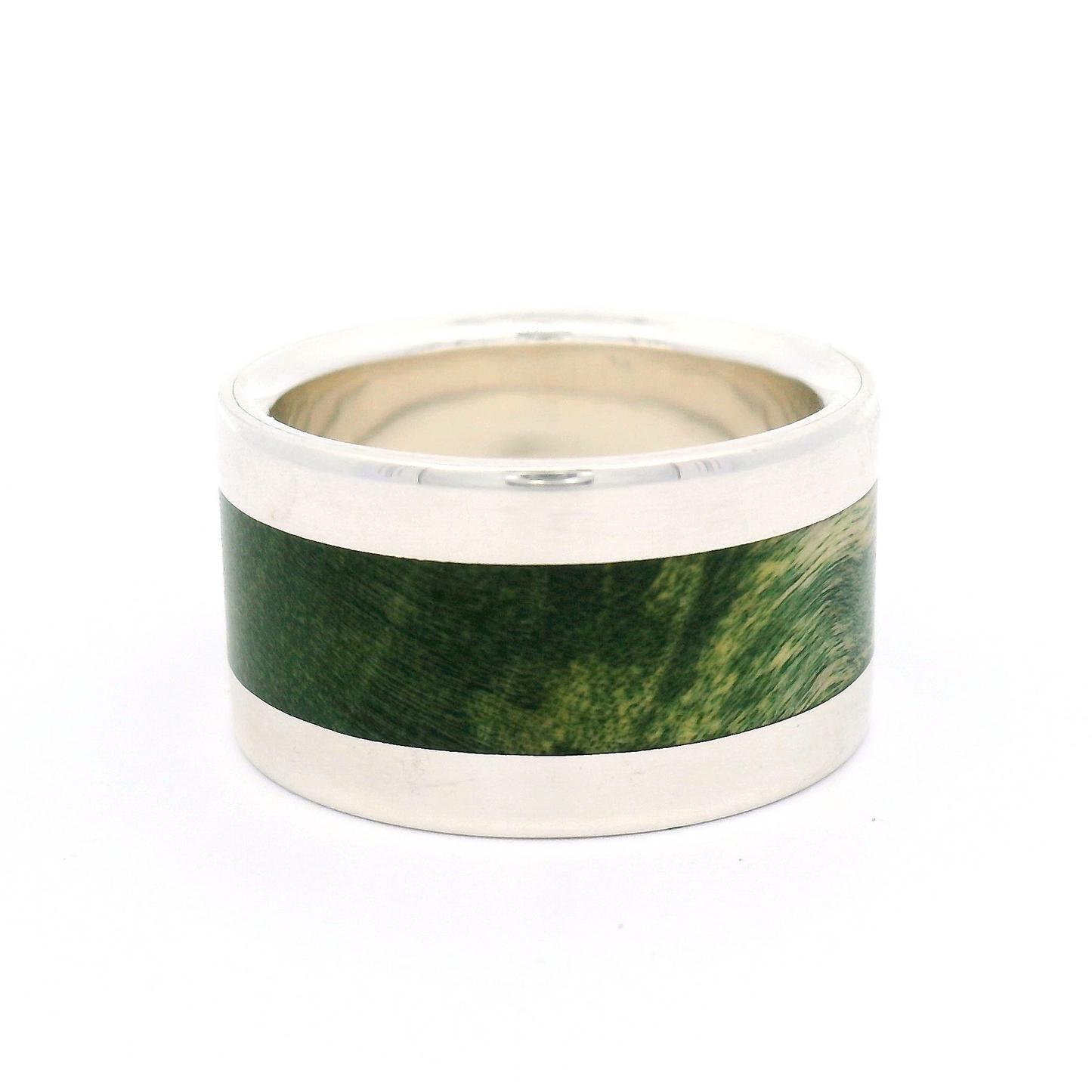 Sterling Silver 12mm Wide Band with Inlayed Green Burled Maple