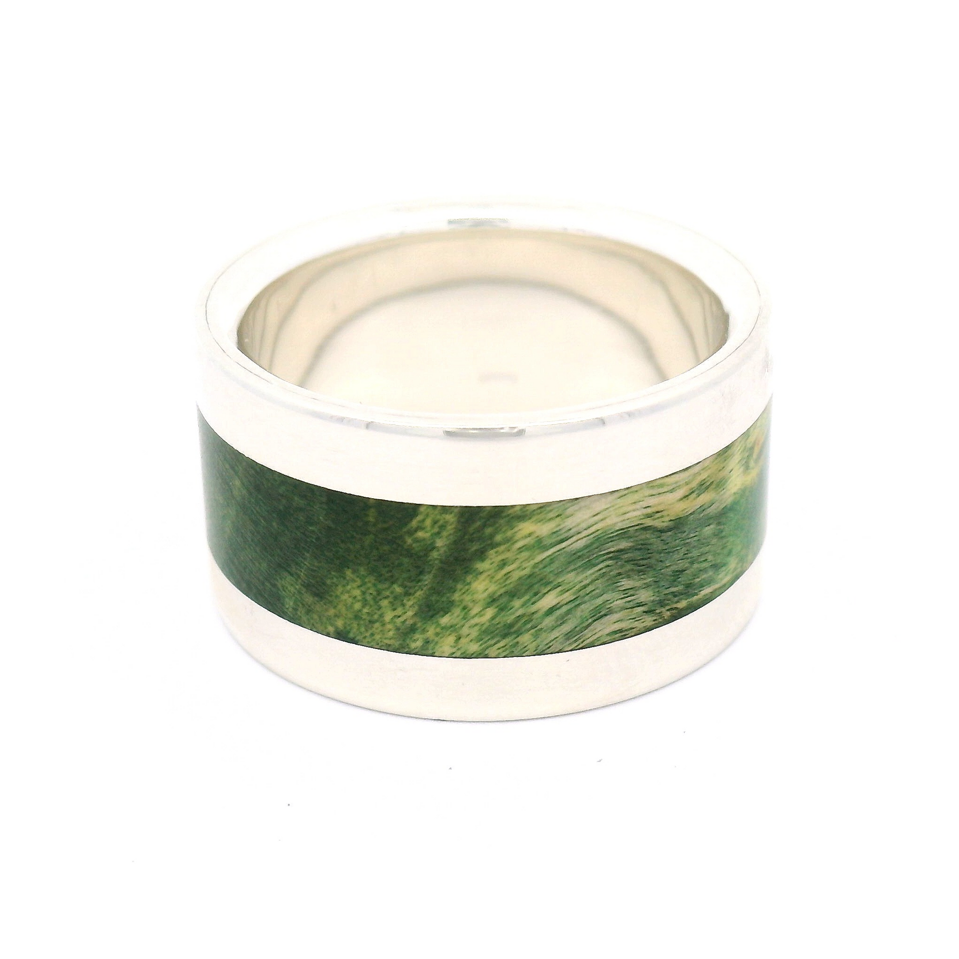Sterling Silver 12mm Wide Band with Inlayed Green Burled Maple