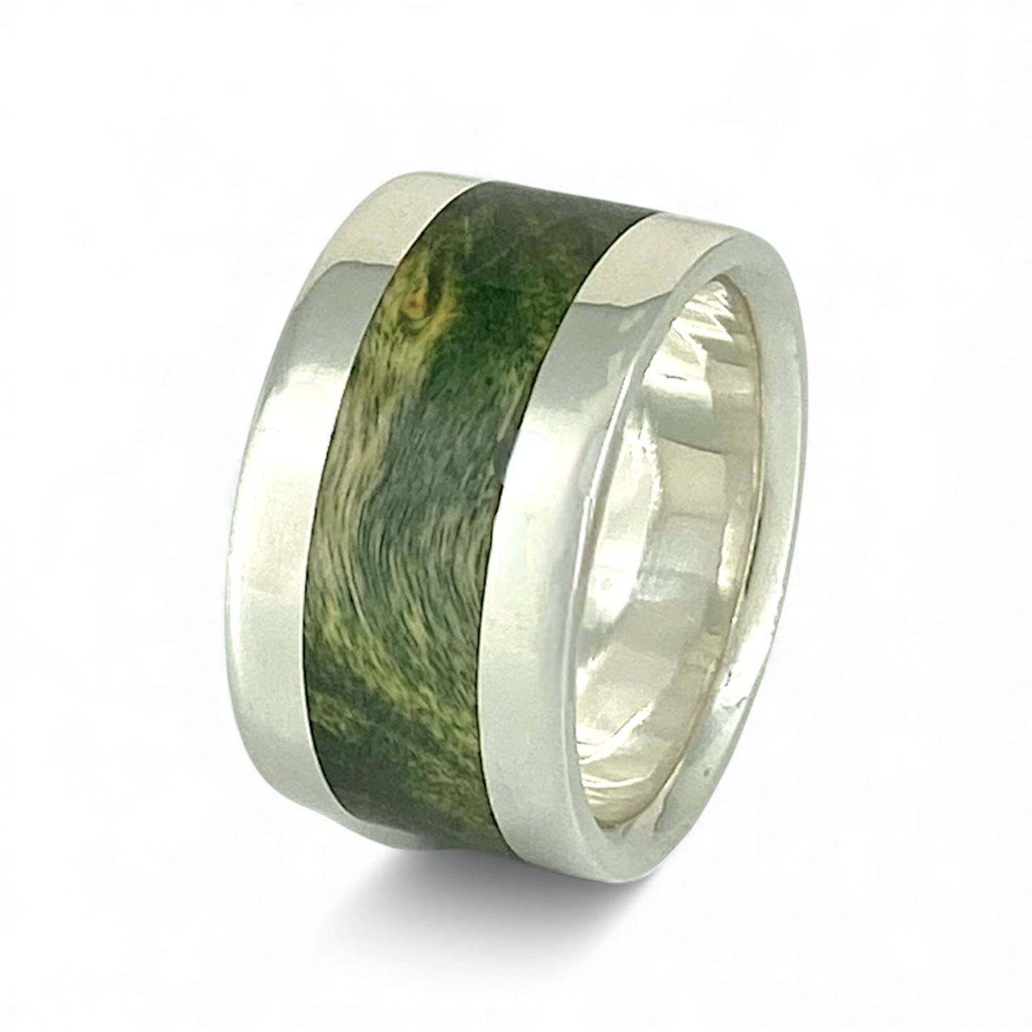 Sterling Silver 12mm Wide Band with Inlayed Green Burled Maple
