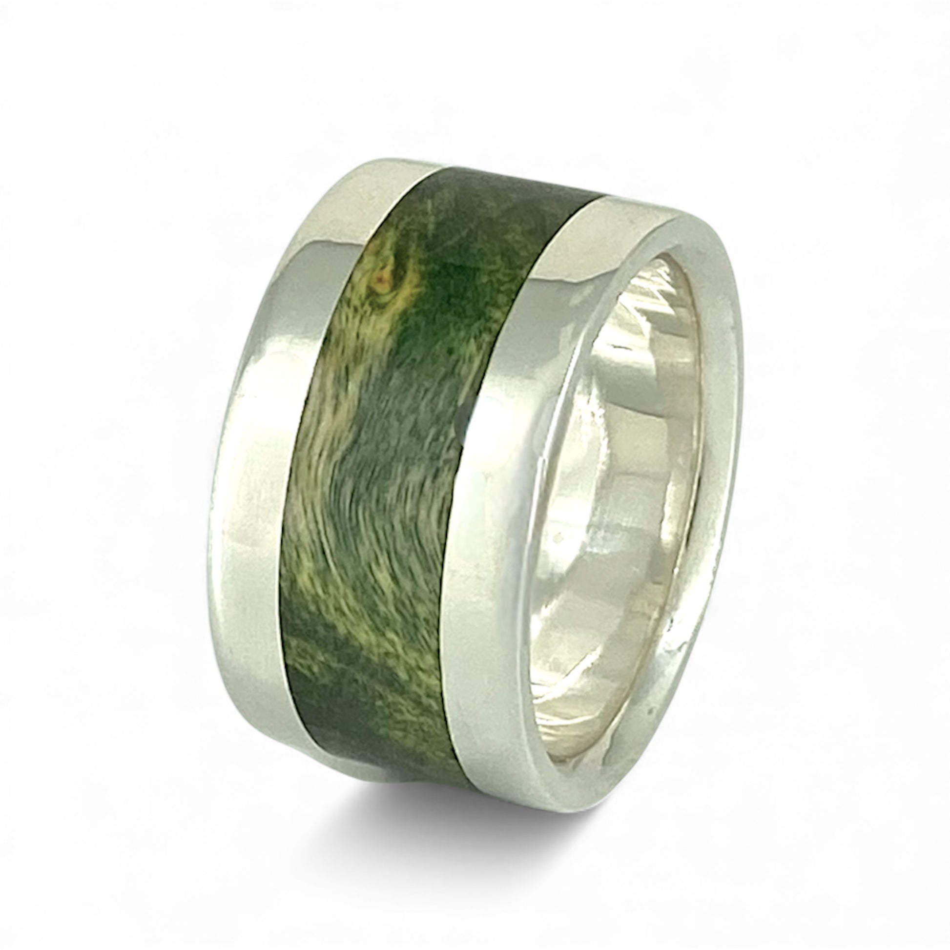 Sterling Silver 12mm Wide Band with Inlayed Green Burled Maple