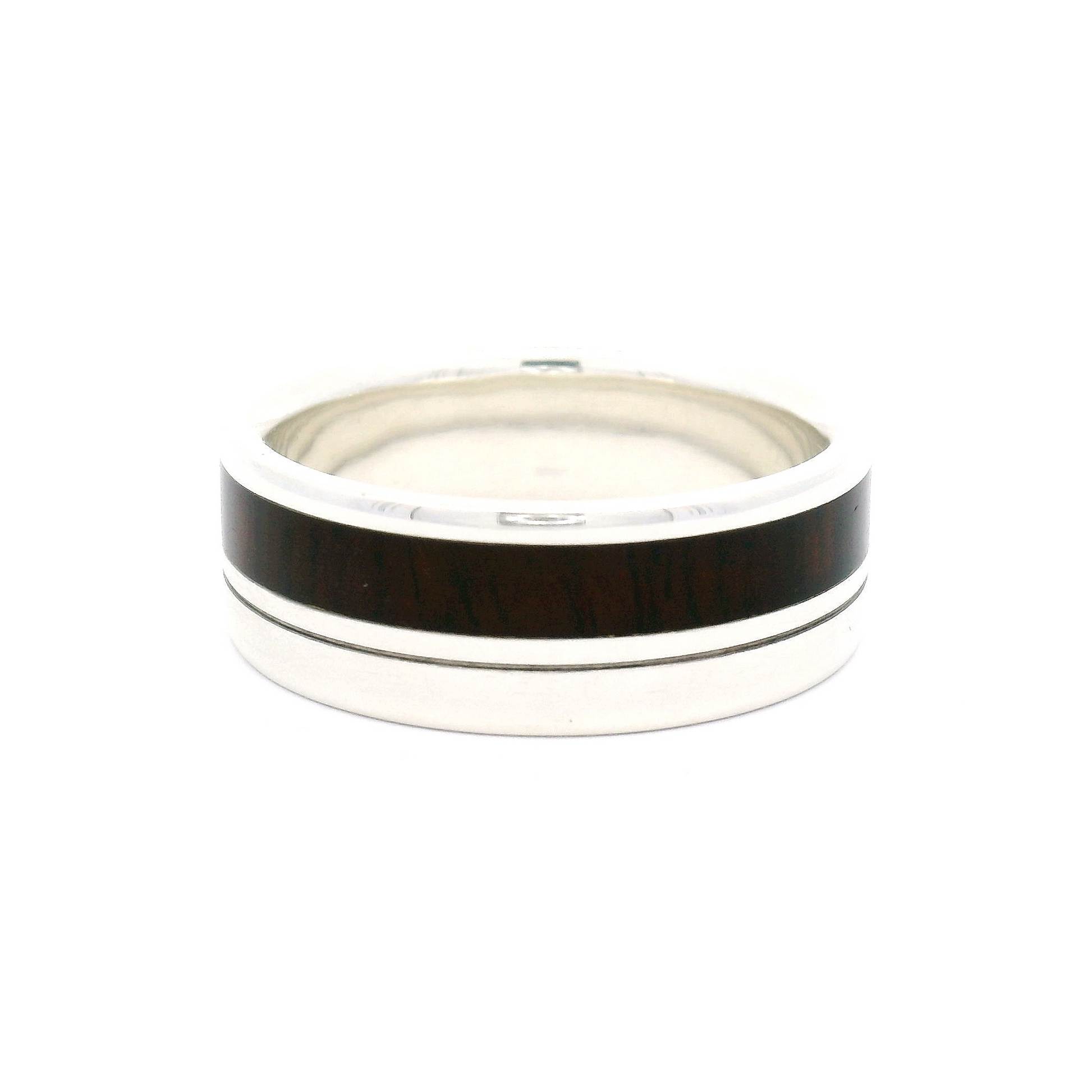 Sterling Silver 8.6mm Wide Band with Offset Inlayed Cocobolo Wood