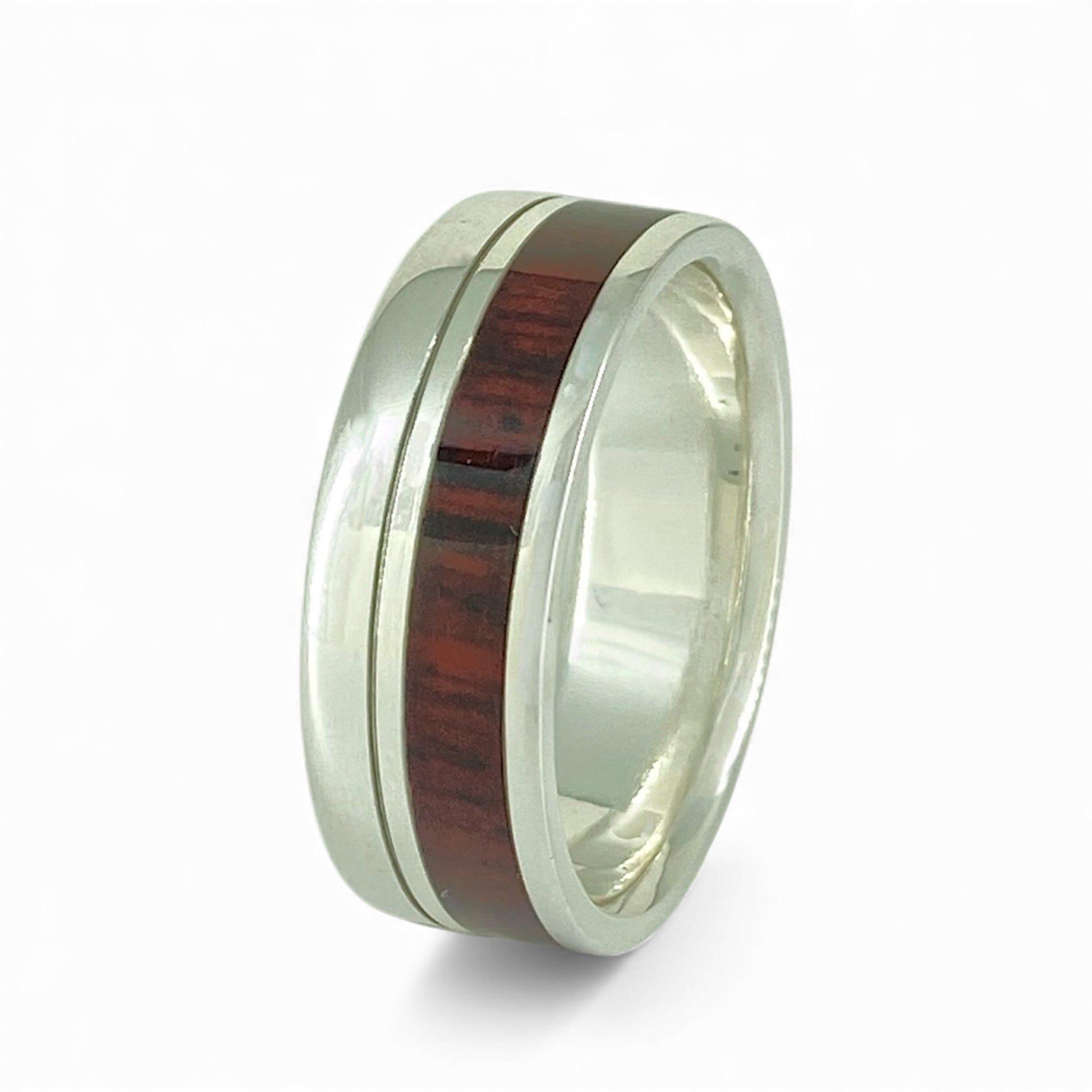 Sterling Silver 8.6mm Wide Band with Offset Inlayed Cocobolo Wood
