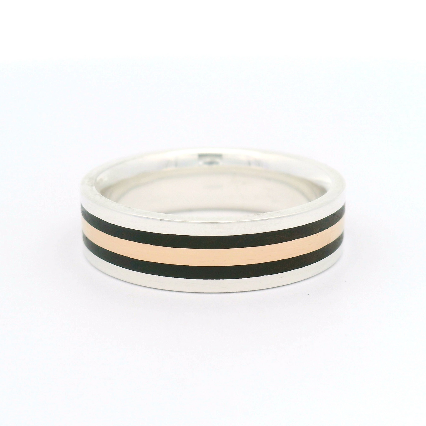 Sterling Silver 5.8mm Wide Band with Inlayed 10k Rose Gold and Cocobolo Wood