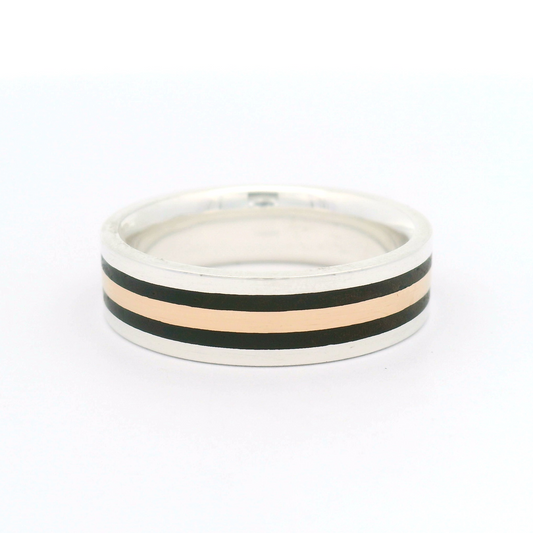 Sterling Silver 5.8mm Wide Band with Inlayed 10k Rose Gold and Cocobolo Wood