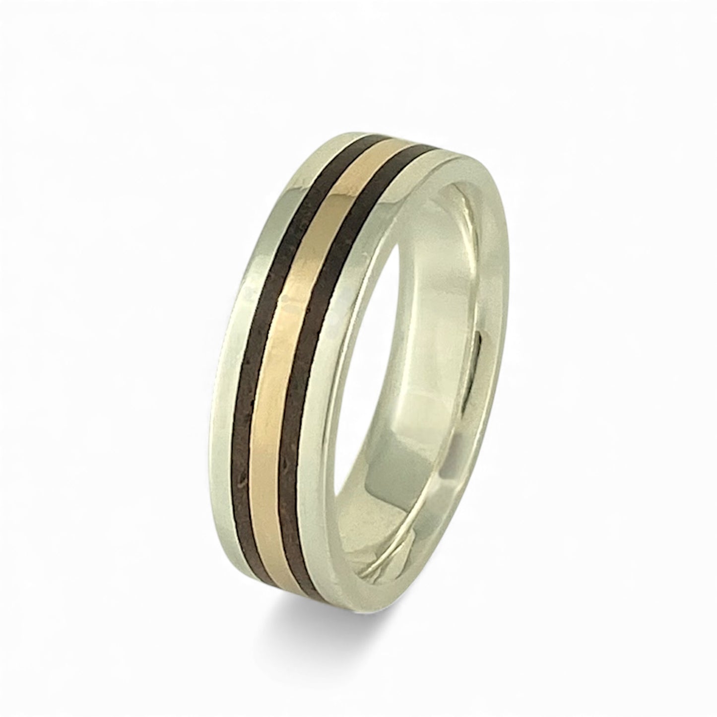 Sterling Silver 5.8mm Wide Band with Inlayed 10k Rose Gold and Cocobolo Wood