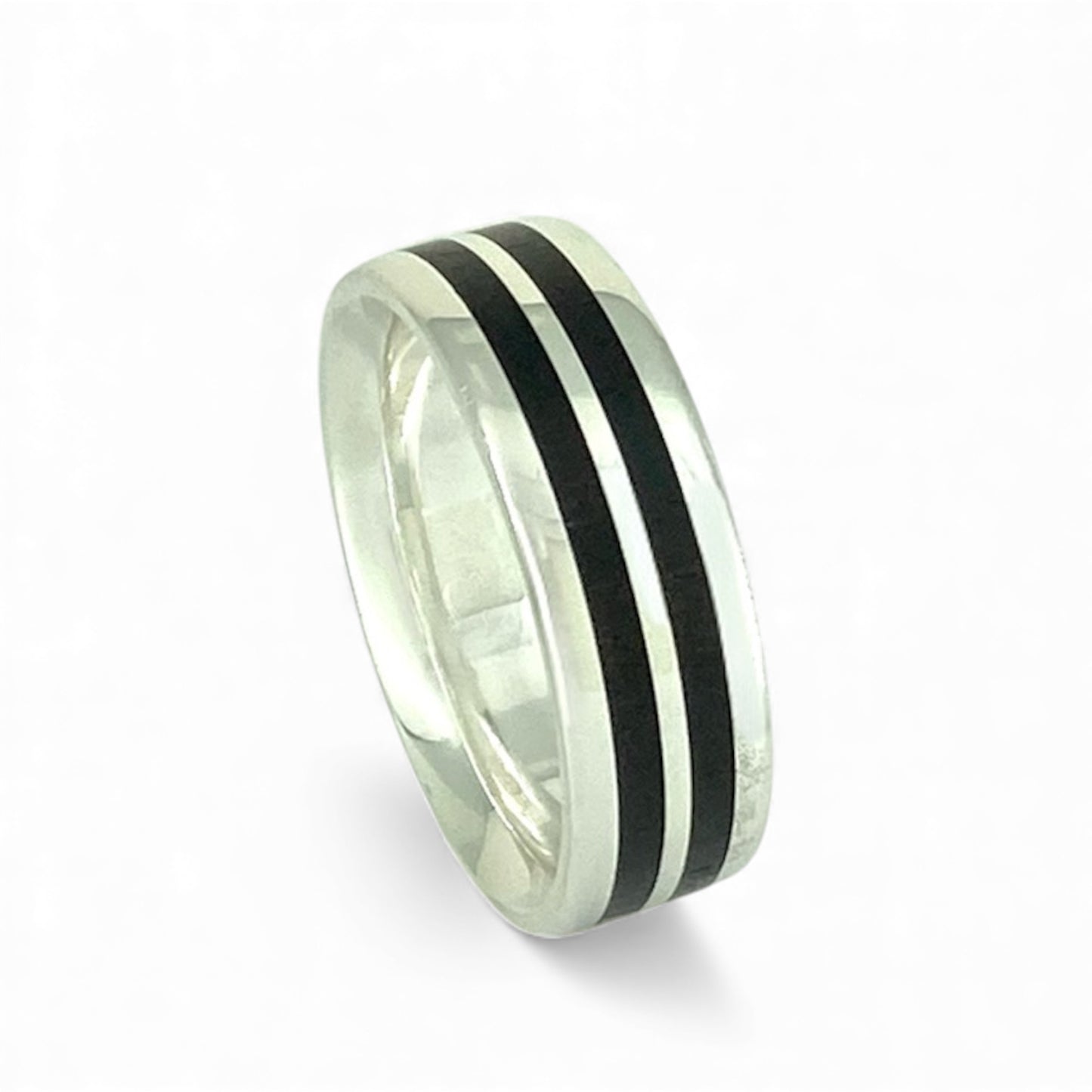 Sterling Silver 7mm Wide Band with Double Stripe of Inlayed Black Ebony Wood